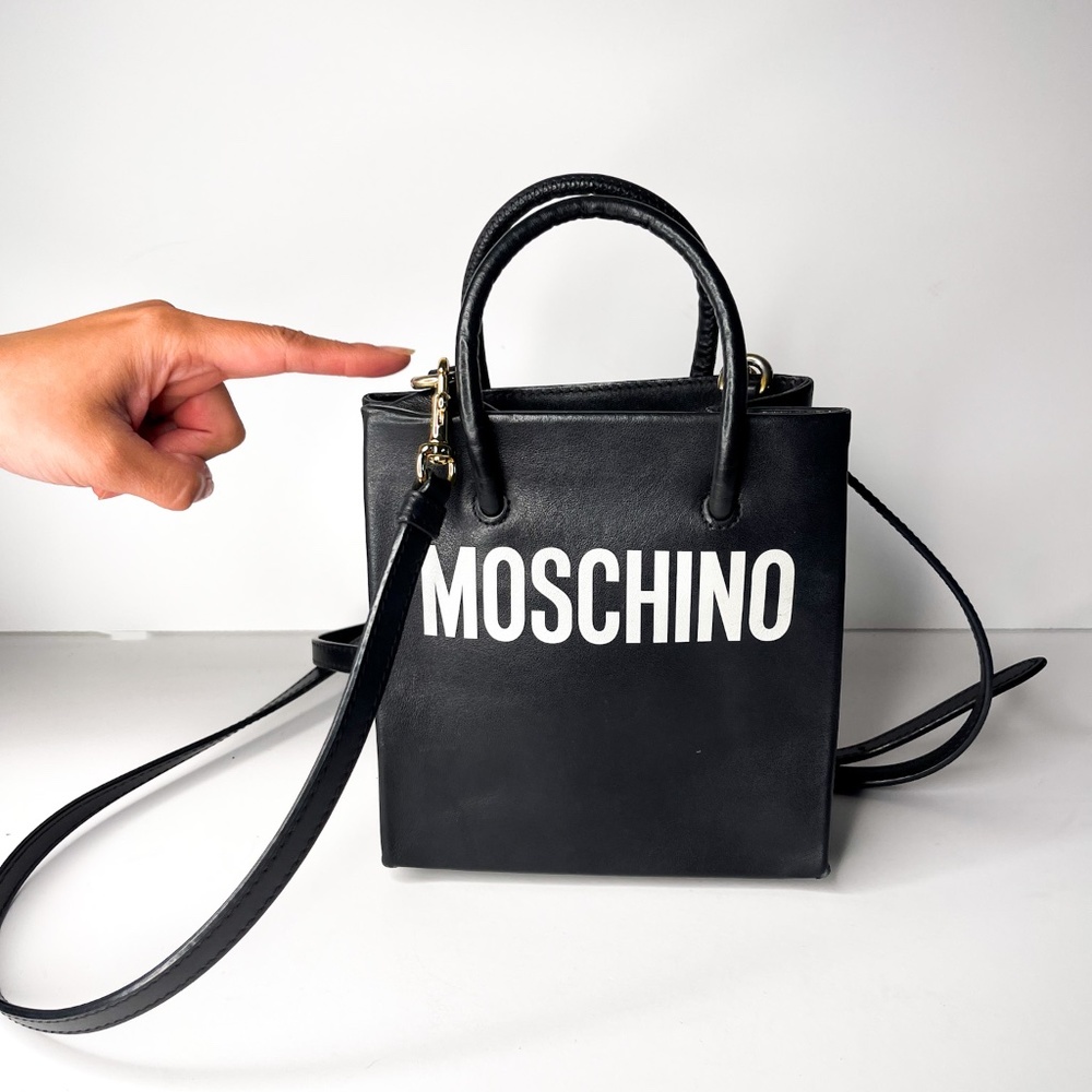 Moschino Mini Black Real Leather Logo Crossbody Bag